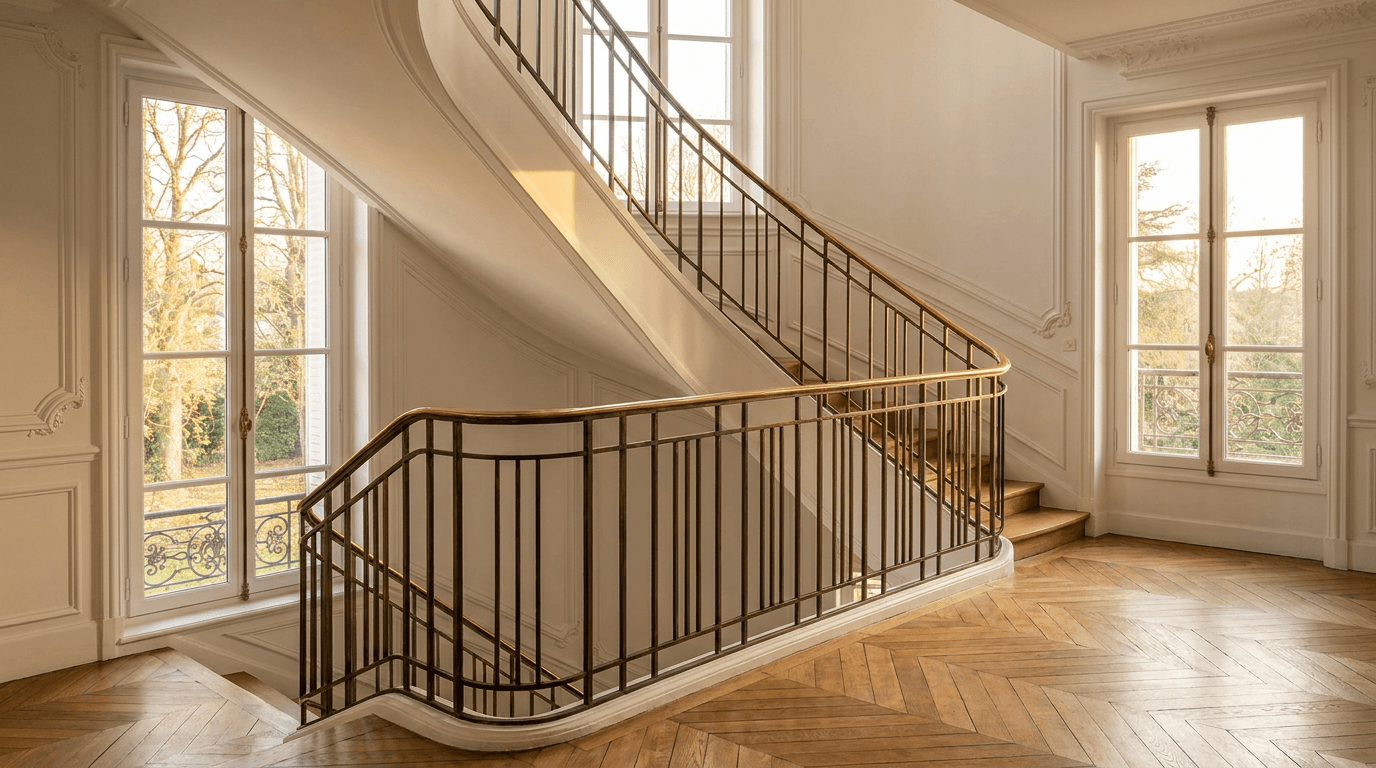 Verrière atelier acier S235JR vertical mullions patine bronze + Saint-Gobain Diamant 8+8 — Montmorency (Val-d'Oise 95, parquet versailles classique) — AZ Construction Bruyères-sur-Oise — DTU 39