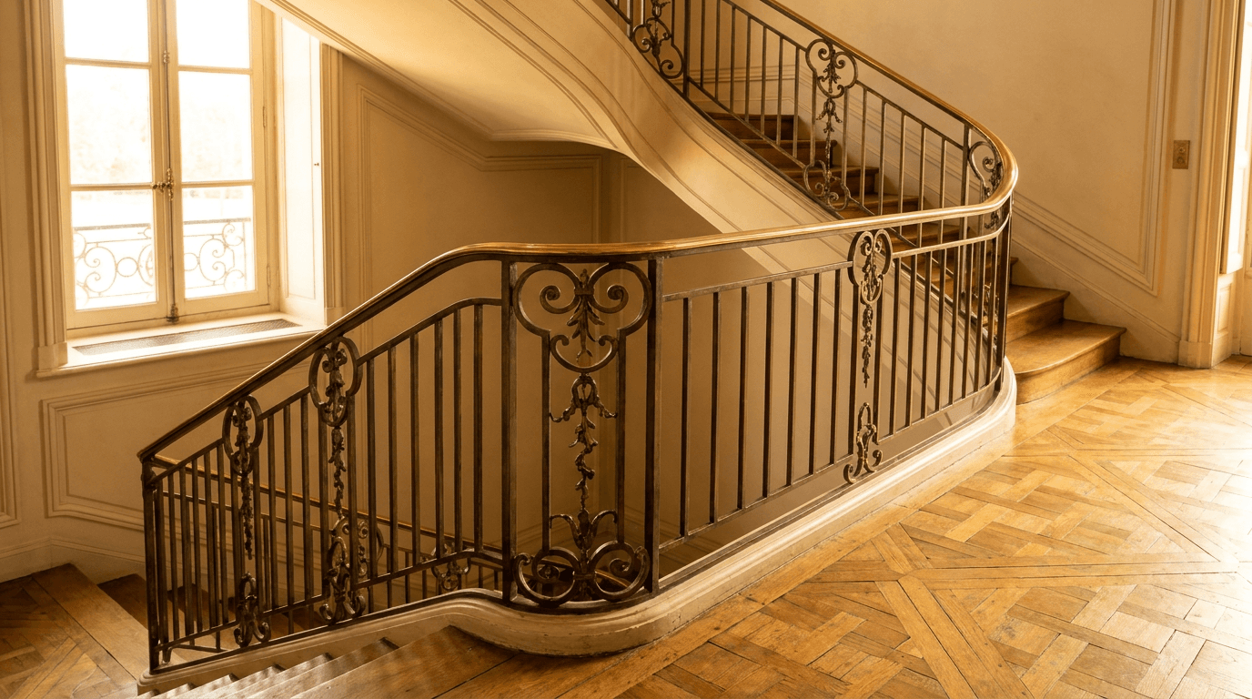 Portail entrée acier S235JR T 30×30 patine bronze + ornements laiton — résidence Marly-le-Roi (Yvelines 78, Louis XV-XVI, parquet versailles) — AZ Construction Bruyères-sur-Oise — EN 13241