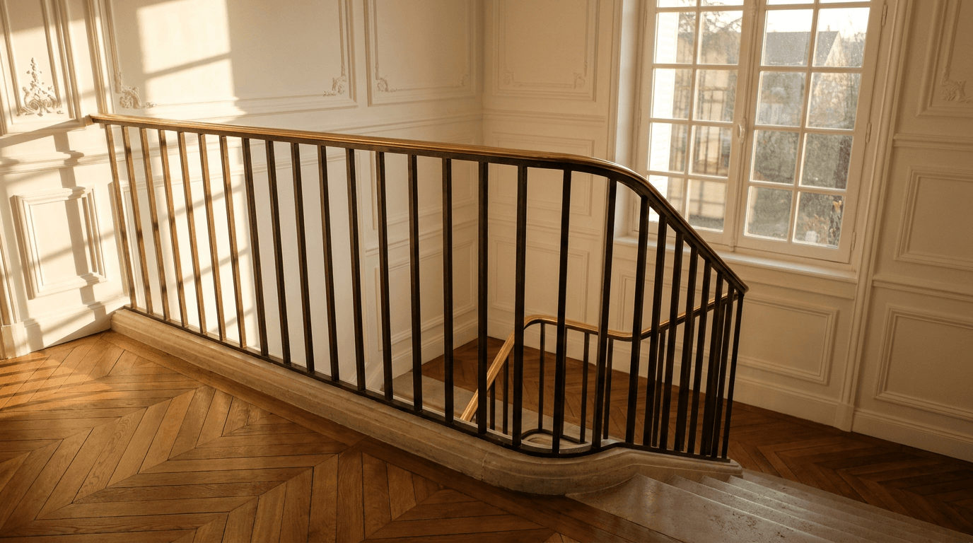 Verrière atelier acier S235JR vertical mullions patine bronze + Saint-Gobain Diamant 8+8 — appartement Houilles (Yvelines 78, Haussmannien parquet point de Hongrie) — AZ Construction Bruyères-sur-Oise — DTU 39