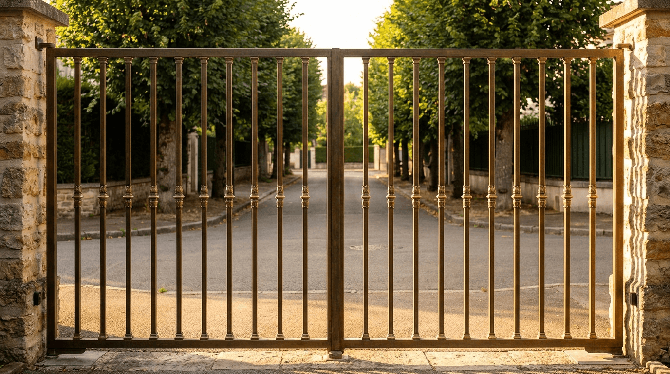 Portail entrée acier S235JR T 30×30 patine bronze + laiton — Châtillon (Hauts-de-Seine 92) — AZ Construction Bruyères-sur-Oise — EN 13241