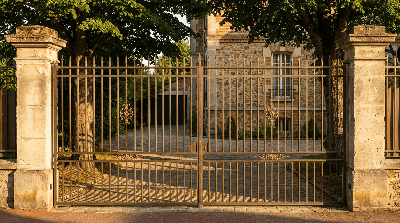 Portail entrée acier S235JR T 30×30 patine bronze + laiton — Colombes (Hauts-de-Seine 92) — AZ Construction Bruyères-sur-Oise — EN 13241