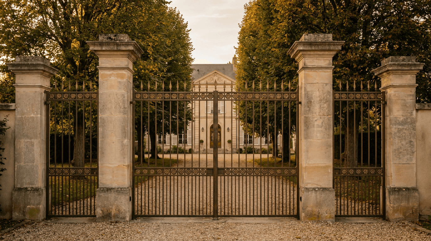 Portail entrée acier S235JR T 30×30 patine bronze + laiton — Fontenay-aux-Roses (Hauts-de-Seine 92) — AZ Construction Bruyères-sur-Oise — EN 13241