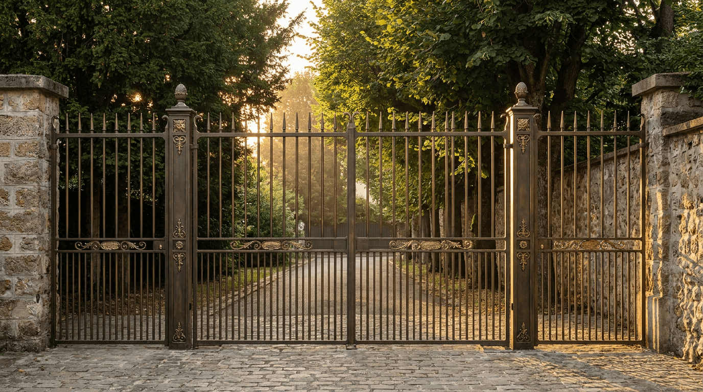 Portail entrée acier S235JR T 30×30 patine bronze + laiton — Malakoff (Hauts-de-Seine 92) — AZ Construction Bruyères-sur-Oise — EN 13241