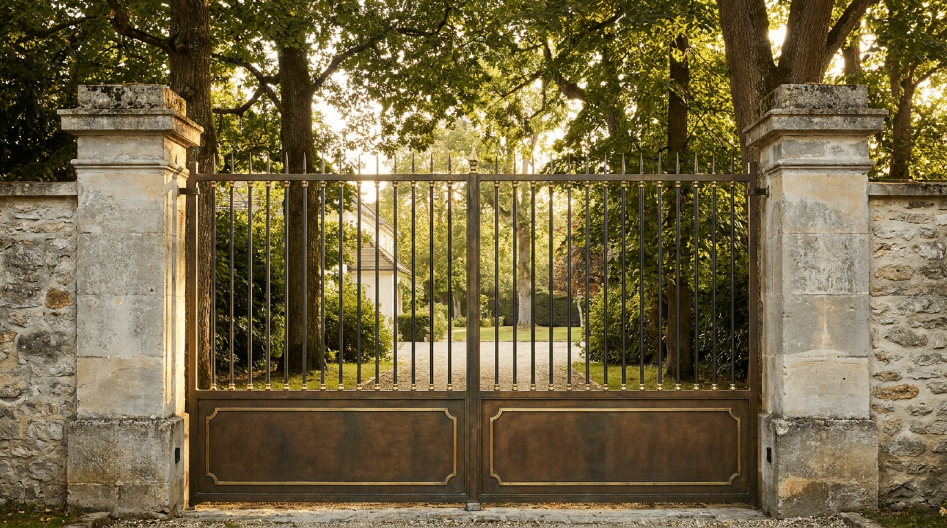 Portail entrée acier S235JR T 30×30 patine bronze + laiton — Épinay-sur-Orge (Essonne 91) — AZ Construction Bruyères-sur-Oise — EN 13241