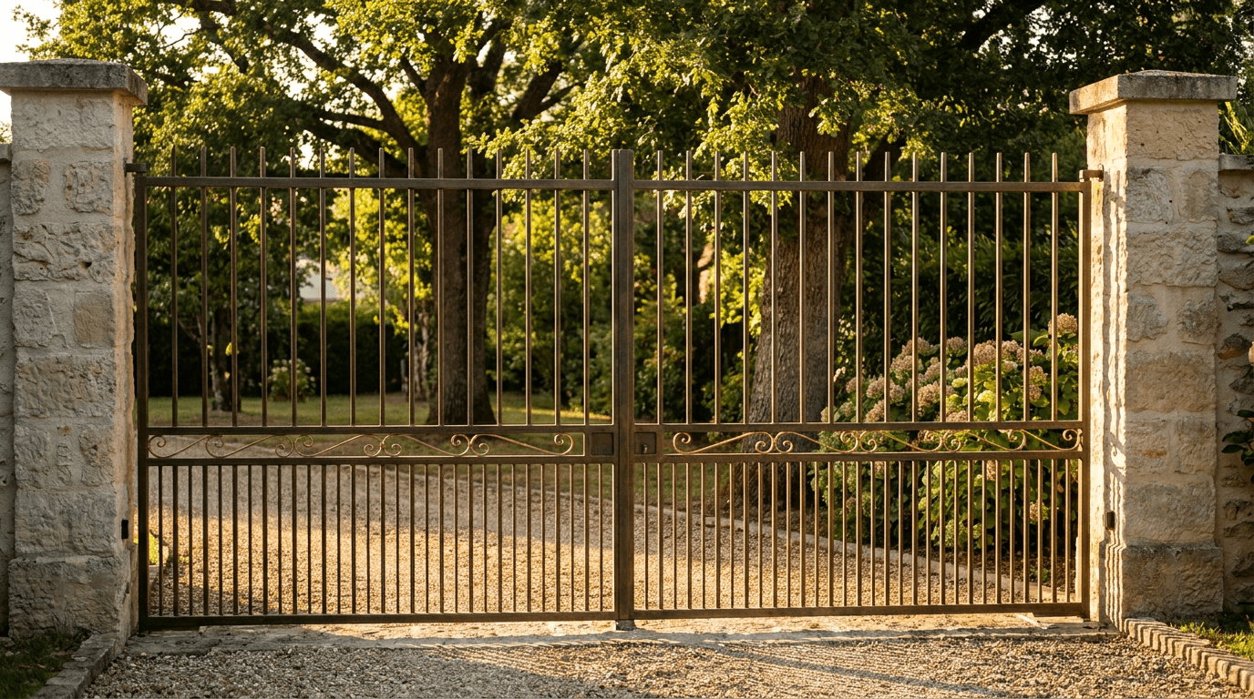 Portail entrée acier S235JR T 30×30 patine bronze + laiton — Drancy (Seine-Saint-Denis 93) — AZ Construction Bruyères-sur-Oise — EN 13241