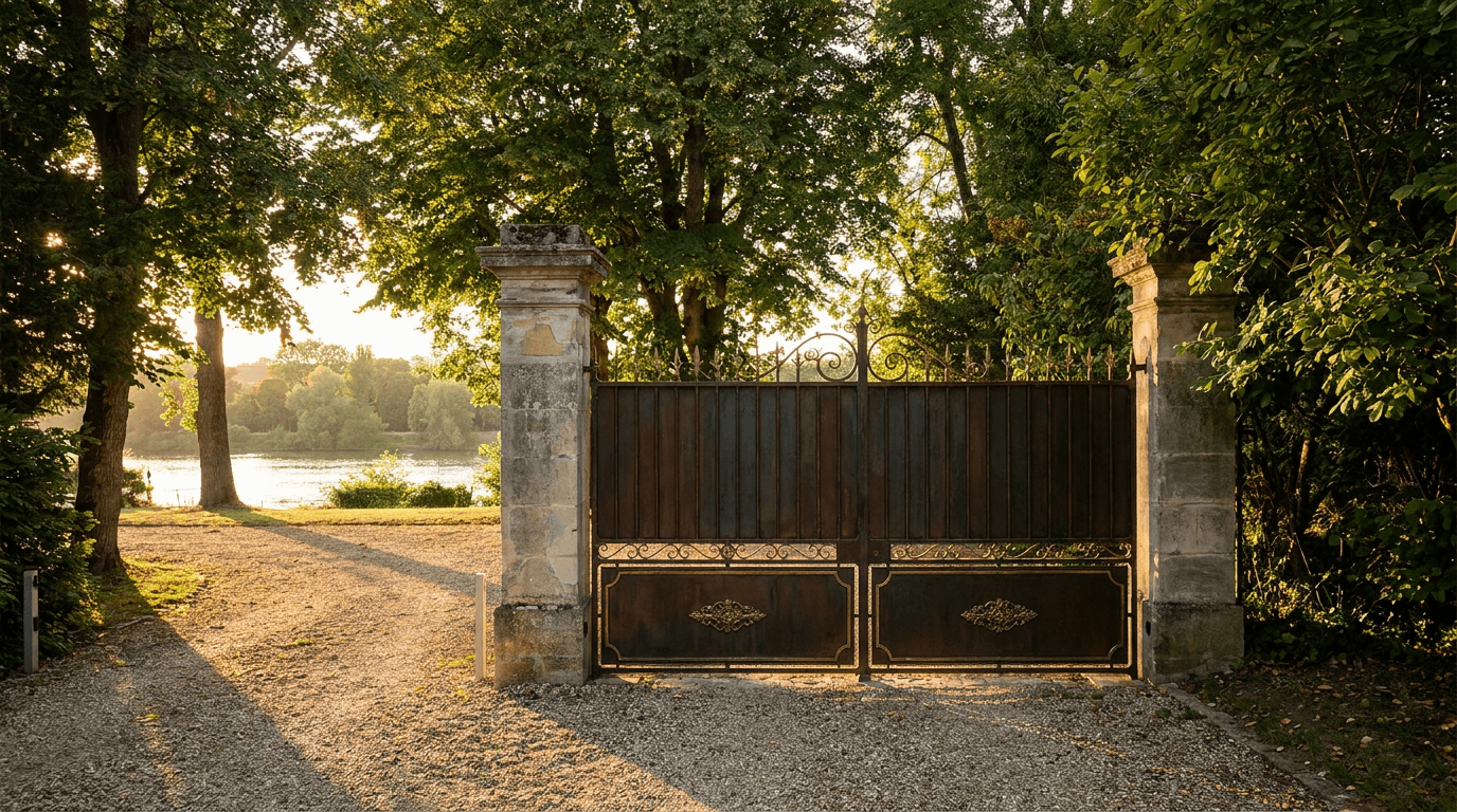 Portail entrée acier S235JR T 30×30 patine bronze + laiton — Épinay-sur-Seine (Seine-Saint-Denis 93, Seine) — AZ Construction Bruyères-sur-Oise — EN 13241