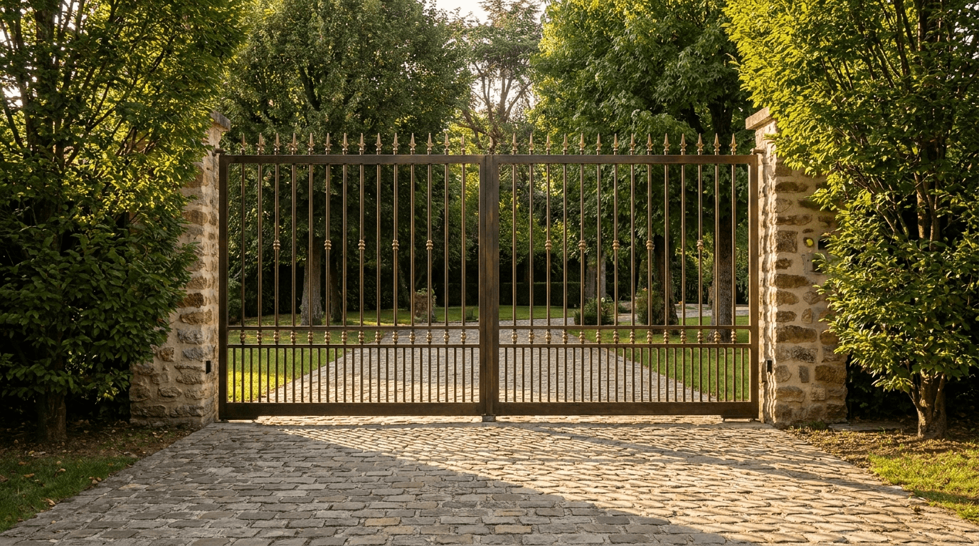 Portail entrée acier S235JR T 30×30 patine bronze + laiton — Gagny (Seine-Saint-Denis 93) — AZ Construction Bruyères-sur-Oise — EN 13241