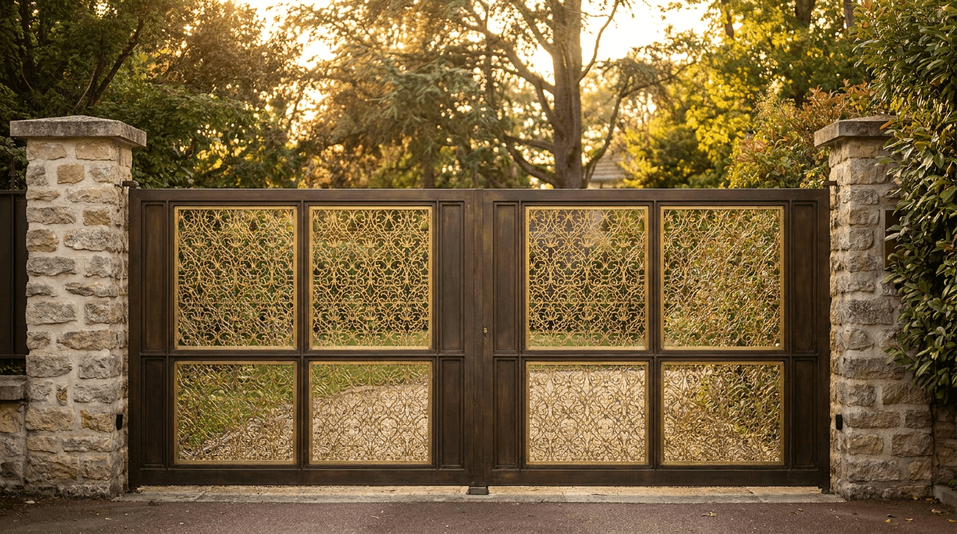 Portail entrée acier S235JR T 30×30 patine bronze + laiton — La Courneuve (Seine-Saint-Denis 93) — AZ Construction Bruyères-sur-Oise — EN 13241