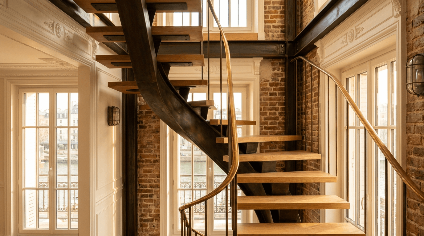 Escalier acier S235JR limon central patine bronze + marches chêne massif point de Hongrie + main courante laiton — appartement Paris 10e Canal Saint-Martin loft Haussmannien industriel — AZ Construction Bruyères-sur-Oise — DTU 36.3 + NF P01-012