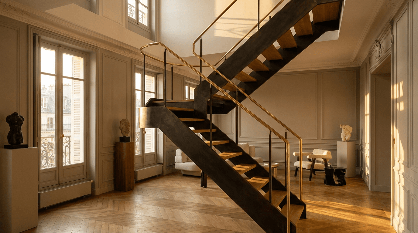 Escalier acier S235JR limon central patine bronze + marches chêne massif parquet versailles + main courante laiton — appartement Paris 12e Bercy minimaliste Haussmannien — AZ Construction Bruyères-sur-Oise — DTU 36.3