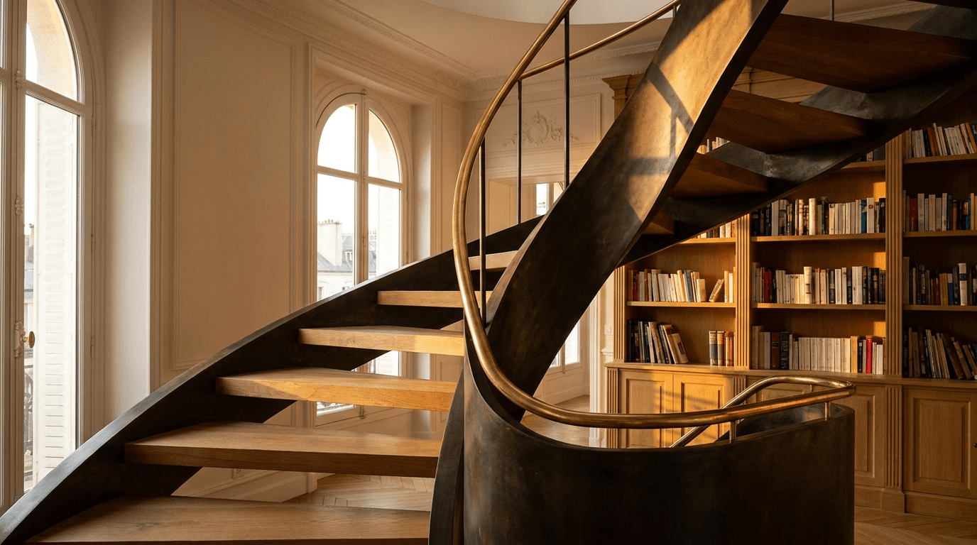 Escalier acier S235JR limon central patine bronze + marches chêne massif + main courante laiton — appartement Paris 13e Place d'Italie bibliothèque — AZ Construction Bruyères-sur-Oise — DTU 36.3