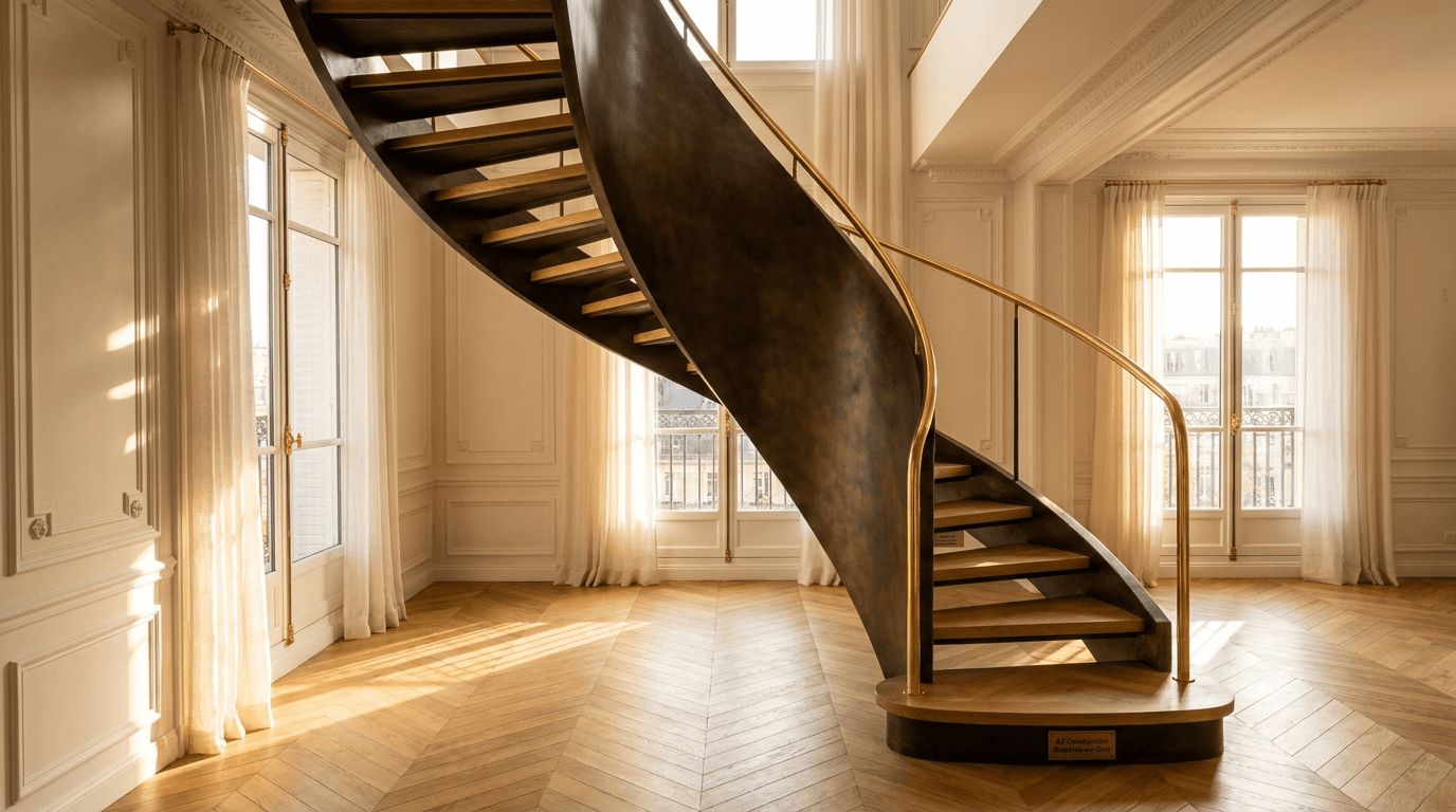 Escalier acier S235JR limon central patine bronze + marches chêne massif parquet versailles + main courante laiton — appartement Paris 14e Montparnasse Art Déco — AZ Construction Bruyères-sur-Oise — DTU 36.3