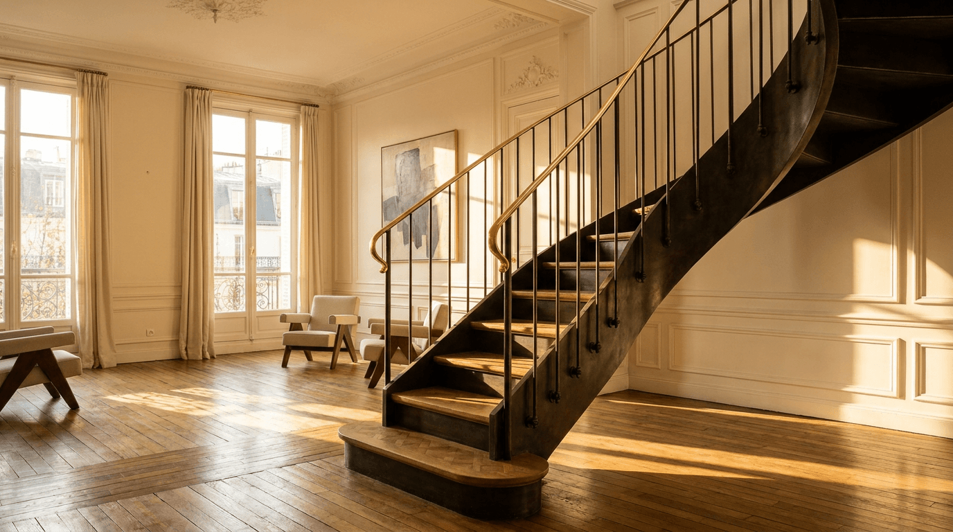 Escalier acier S235JR limon central patine bronze + marches chêne massif point de Hongrie + main courante laiton — appartement Paris 15e Beaugrenelle Haussmannien — AZ Construction Bruyères-sur-Oise — DTU 36.3
