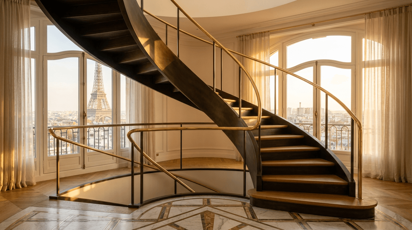 Escalier acier S235JR limon central patine bronze + marches chêne massif parquet versailles + main courante laiton — appartement Paris 16e Trocadéro vue Eiffel — AZ Construction Bruyères-sur-Oise — DTU 36.3