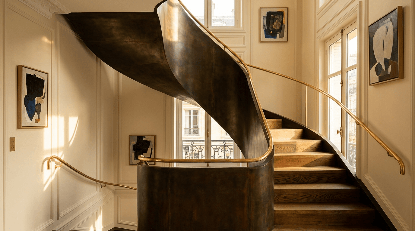 Escalier acier S235JR limon central patine bronze + marches chêne massif parquet versailles + main courante laiton — appartement Paris 17e Batignolles art contemporain — AZ Construction Bruyères-sur-Oise — DTU 36.3