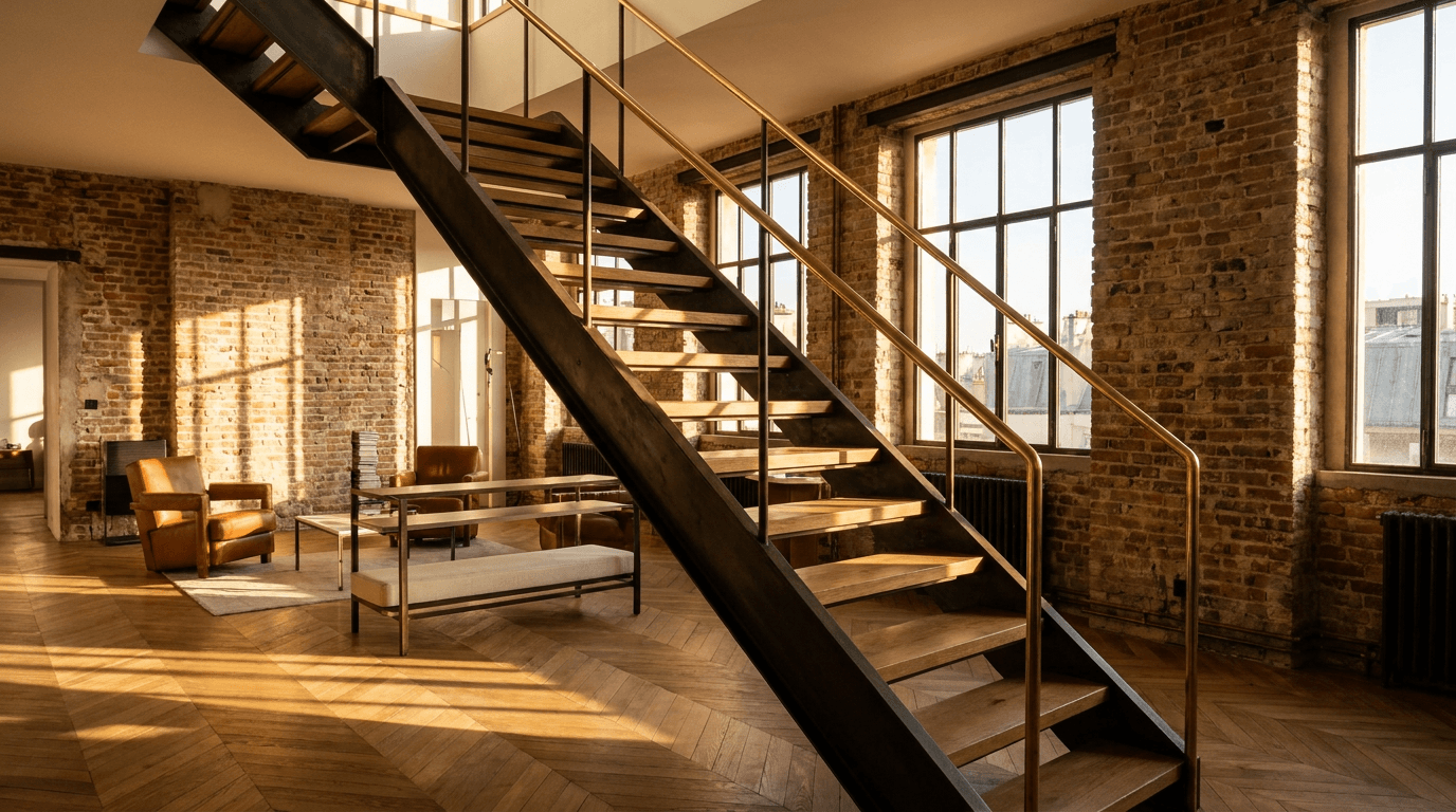 Escalier acier S235JR limon central patine bronze + marches chêne massif + main courante laiton — appartement Paris 11e Bastille Oberkampf loft (brique apparente) — AZ Construction Bruyères-sur-Oise — DTU 36.3
