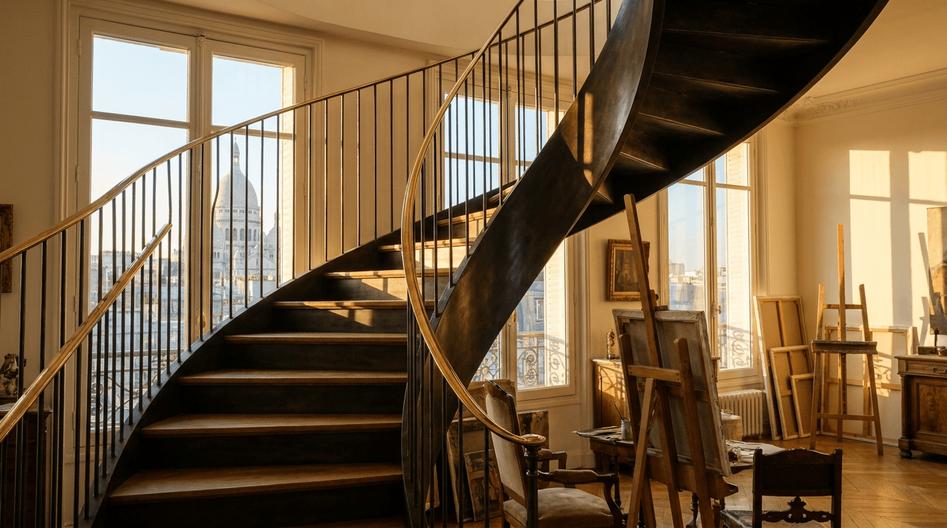Escalier acier S235JR limon central patine bronze + marches chêne massif + main courante laiton — appartement Paris 18e Montmartre (Sacré-Cœur, bohème) — AZ Construction Bruyères-sur-Oise — DTU 36.3