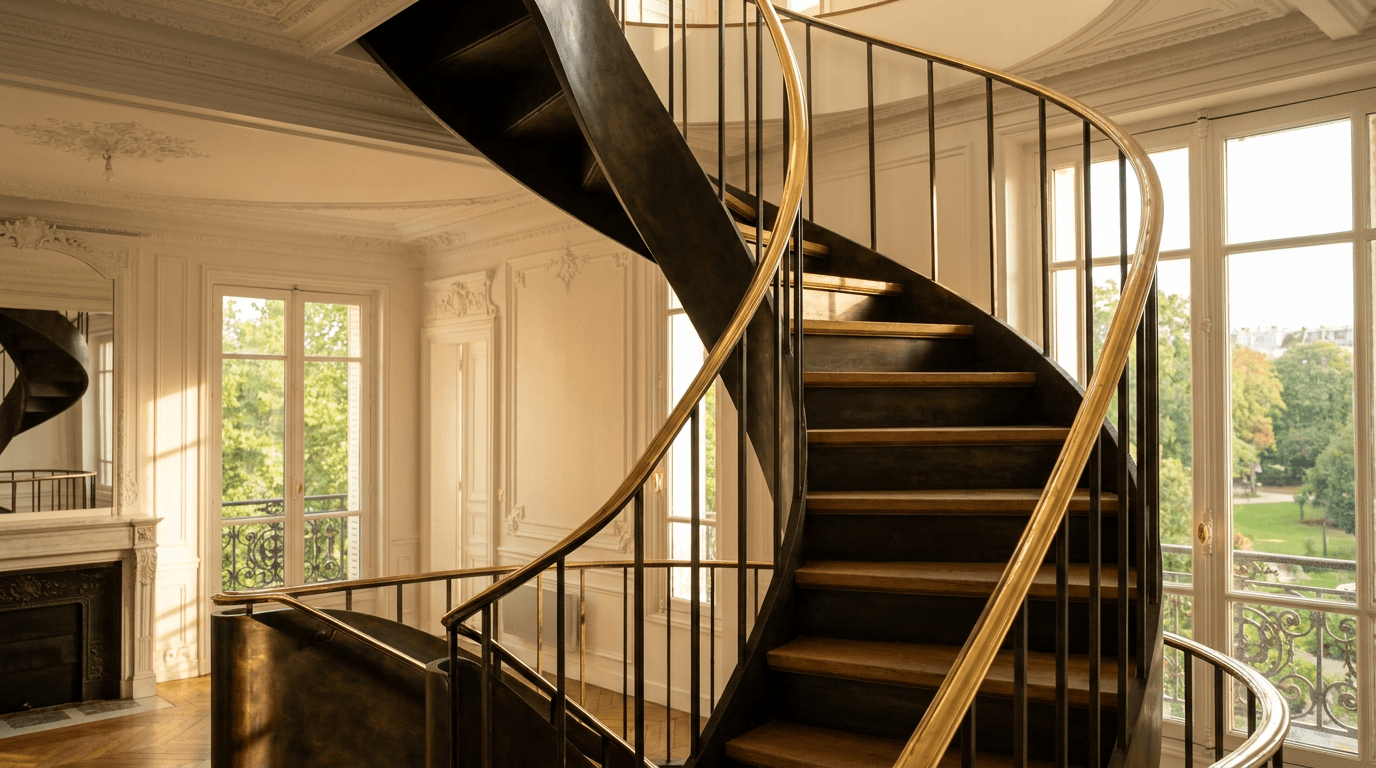 Escalier acier S235JR limon central patine bronze + marches chêne massif + main courante laiton — appartement Paris 19e Buttes-Chaumont — AZ Construction Bruyères-sur-Oise — DTU 36.3