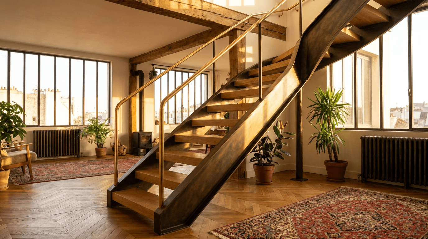 Escalier acier S235JR limon central patine bronze + marches chêne massif + main courante laiton — appartement Paris 20e Père-Lachaise loft bohème — AZ Construction Bruyères-sur-Oise — DTU 36.3