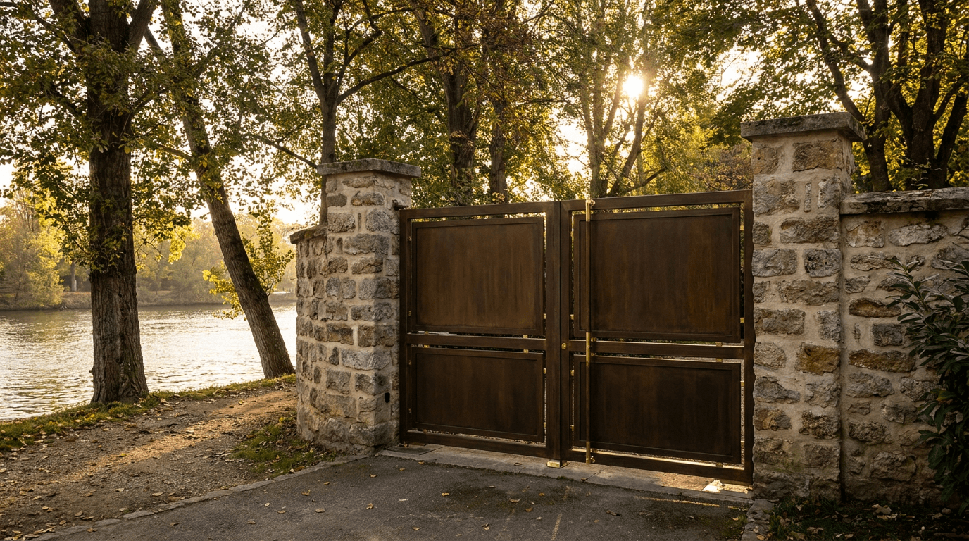Portail entrée acier S235JR T 30×30 patine bronze + laiton — Alfortville (Val-de-Marne 94, Seine) — AZ Construction Bruyères-sur-Oise — EN 13241