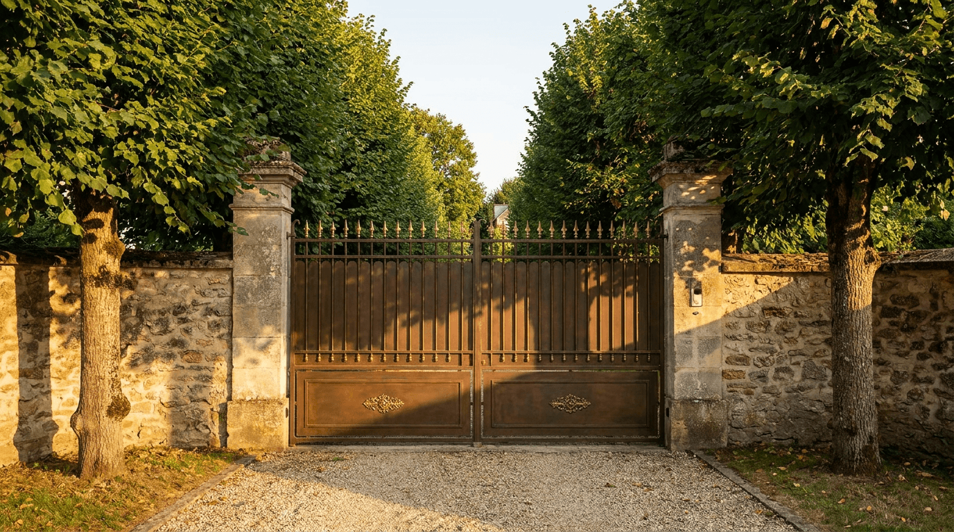Portail entrée acier S235JR T 30×30 patine bronze + laiton — Cachan (Val-de-Marne 94) — AZ Construction Bruyères-sur-Oise — EN 13241
