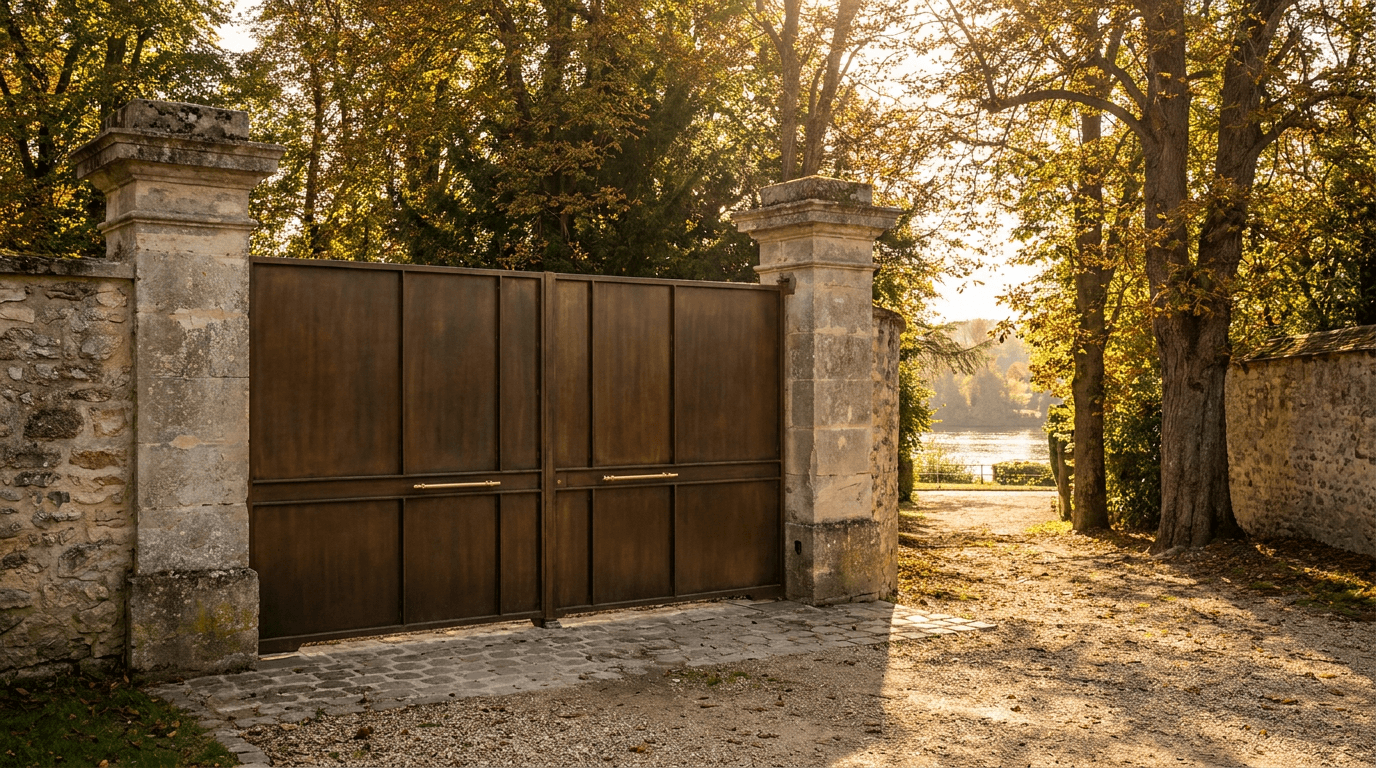Portail entrée acier S235JR T 30×30 patine bronze + laiton — Champigny-sur-Marne (Val-de-Marne 94, Marne) — AZ Construction Bruyères-sur-Oise — EN 13241