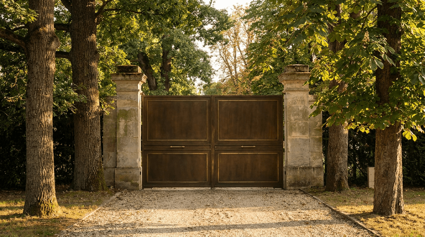 Portail entrée acier S235JR T 30×30 patine bronze + laiton — Choisy-le-Roi (Val-de-Marne 94) — AZ Construction Bruyères-sur-Oise — EN 13241