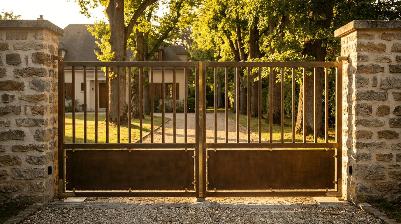 Portail entrée acier S235JR T 30×30 patine bronze + laiton — Fontenay-sous-Bois (Val-de-Marne 94, Bois de Vincennes) — AZ Construction Bruyères-sur-Oise — EN 13241