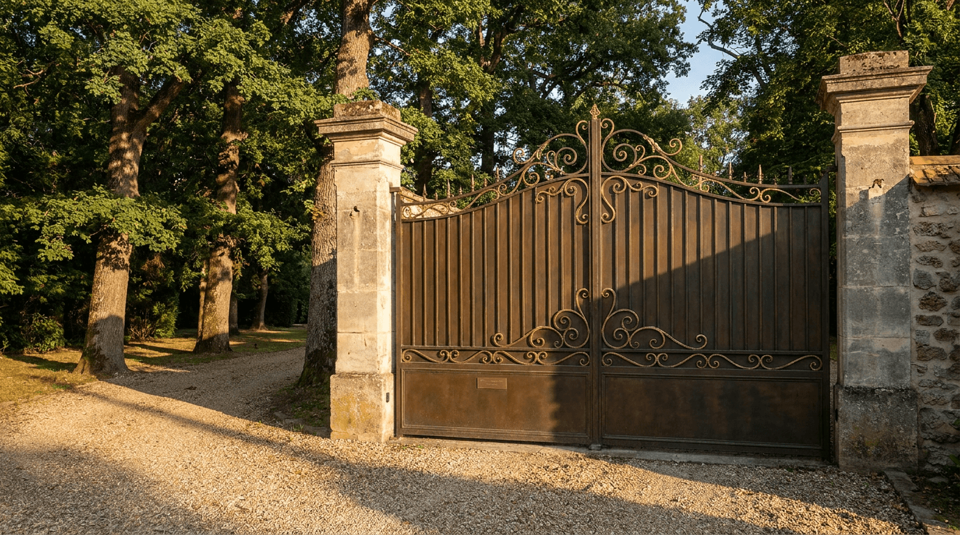 Portail entrée acier S235JR T 30×30 patine bronze + laiton — Fresnes (Val-de-Marne 94) — AZ Construction Bruyères-sur-Oise — EN 13241