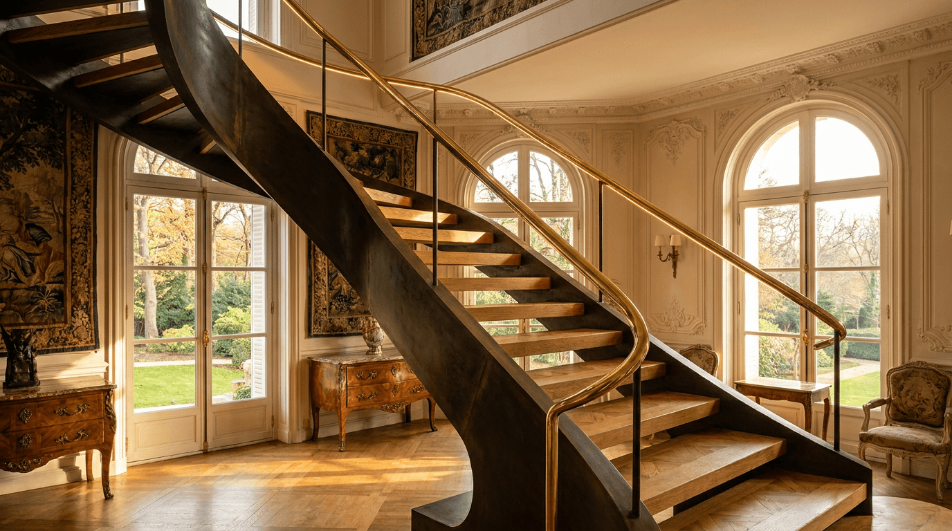 Escalier acier S235JR limon central patine bronze + marches chêne massif parquet versailles + main courante laiton — Neuilly-sur-Seine (Hauts-de-Seine 92, Art Déco 1930s Bois de Boulogne) — AZ Construction Bruyères-sur-Oise — DTU 36.3