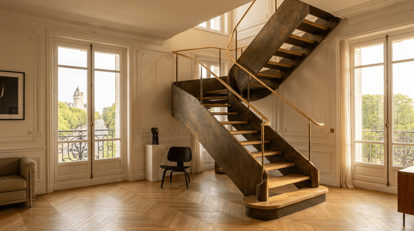 Escalier acier S235JR limon central patine bronze + marches chêne massif point de Hongrie + main courante laiton — Vincennes (Val-de-Marne 94, Château de Vincennes) — AZ Construction Bruyères-sur-Oise — DTU 36.3