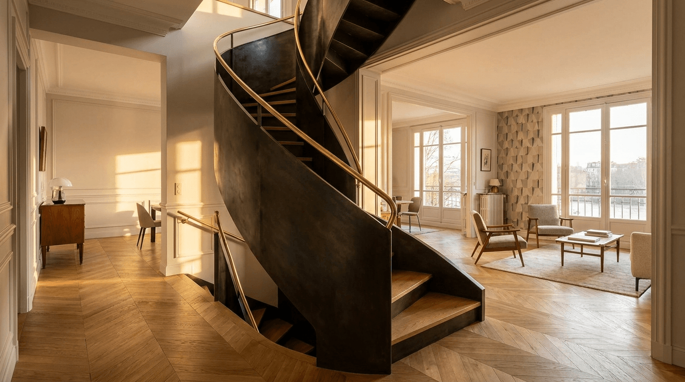 Escalier acier S235JR limon central patine bronze + marches chêne massif point de Hongrie + main courante laiton — Saint-Maur-des-Fossés (Val-de-Marne 94, bord de Marne Art Déco) — AZ Construction Bruyères-sur-Oise — DTU 36.3