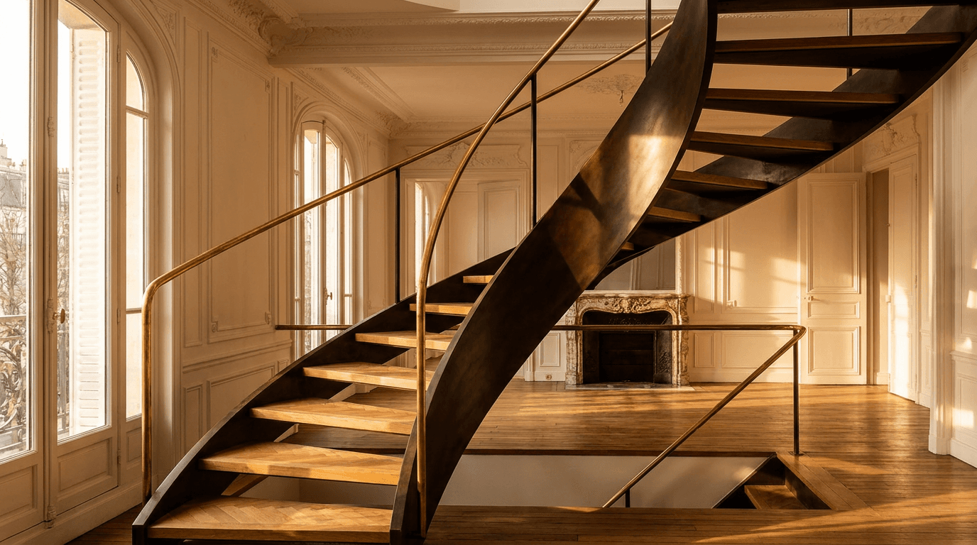Escalier acier S235JR limon central patine bronze + marches chêne massif parquet versailles + main courante laiton — Saint-Mandé (Val-de-Marne 94, Bois de Vincennes) — AZ Construction Bruyères-sur-Oise — DTU 36.3