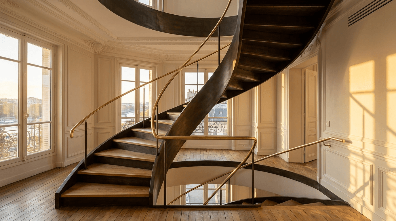 Escalier acier S235JR limon central patine bronze + marches chêne massif point de Hongrie + main courante laiton — Alfortville (Val-de-Marne 94, bord de Seine) — AZ Construction Bruyères-sur-Oise — DTU 36.3