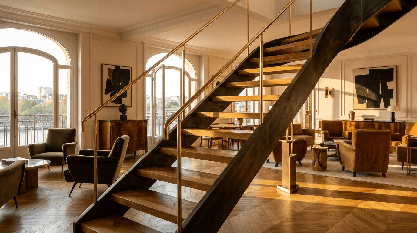 Escalier acier S235JR limon central patine bronze + marches chêne massif parquet versailles + main courante laiton — Boulogne-Billancourt (Hauts-de-Seine 92, Art Déco Seine) — AZ Construction Bruyères-sur-Oise — DTU 36.3
