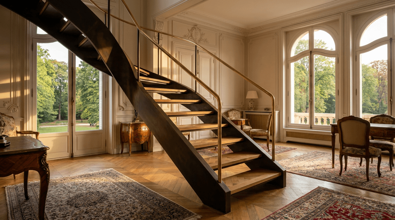 Escalier acier S235JR limon central patine bronze + marches chêne massif point de Hongrie + main courante laiton — Saint-Cloud (Hauts-de-Seine 92, villa prestigieuse parc) — AZ Construction Bruyères-sur-Oise — DTU 36.3