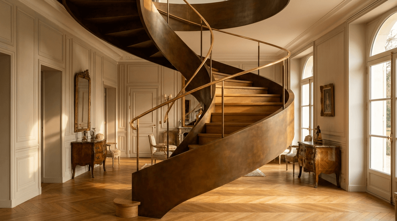 Escalier acier S235JR limon central patine bronze + marches chêne massif parquet versailles + main courante laiton — Rueil-Malmaison (Hauts-de-Seine 92, villa prestigieuse) — AZ Construction Bruyères-sur-Oise — DTU 36.3