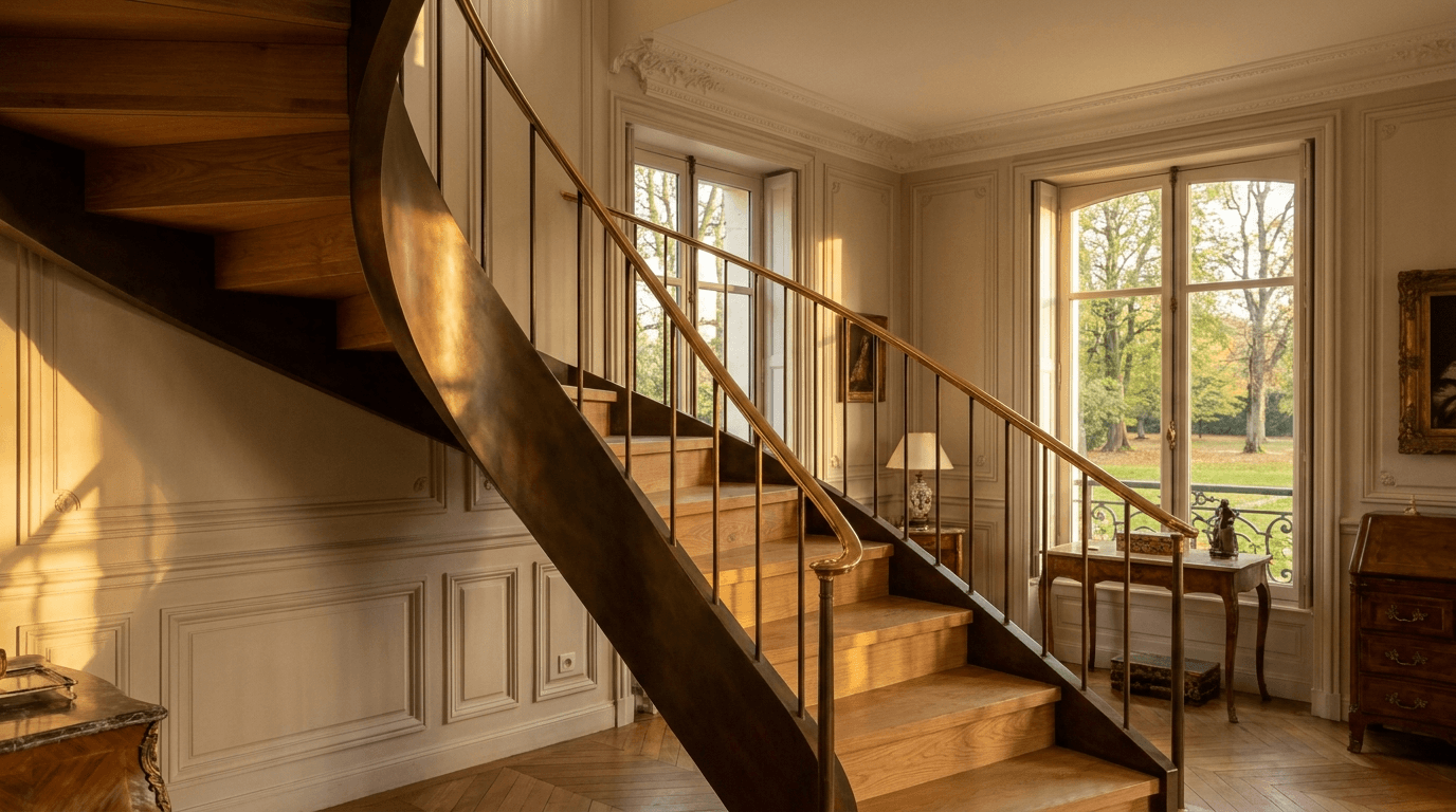 Escalier acier S235JR limon central patine bronze + marches chêne massif parquet versailles + main courante laiton — Sceaux (Hauts-de-Seine 92, villa parc) — AZ Construction Bruyères-sur-Oise — DTU 36.3
