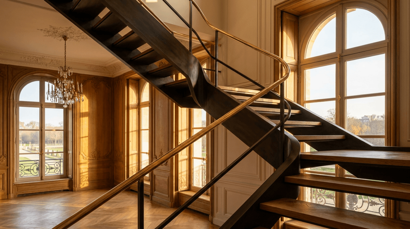 Escalier acier S235JR limon central patine bronze + marches chêne massif parquet versailles + main courante laiton — Versailles (Yvelines 78, hôtel particulier proche Château) — AZ Construction Bruyères-sur-Oise — DTU 36.3