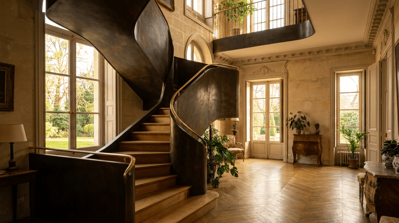 Escalier acier S235JR limon central patine bronze + marches chêne massif parquet versailles + main courante laiton — Saint-Germain-en-Laye (Yvelines 78, hôtel particulier proche Château) — AZ Construction Bruyères-sur-Oise — DTU 36.3