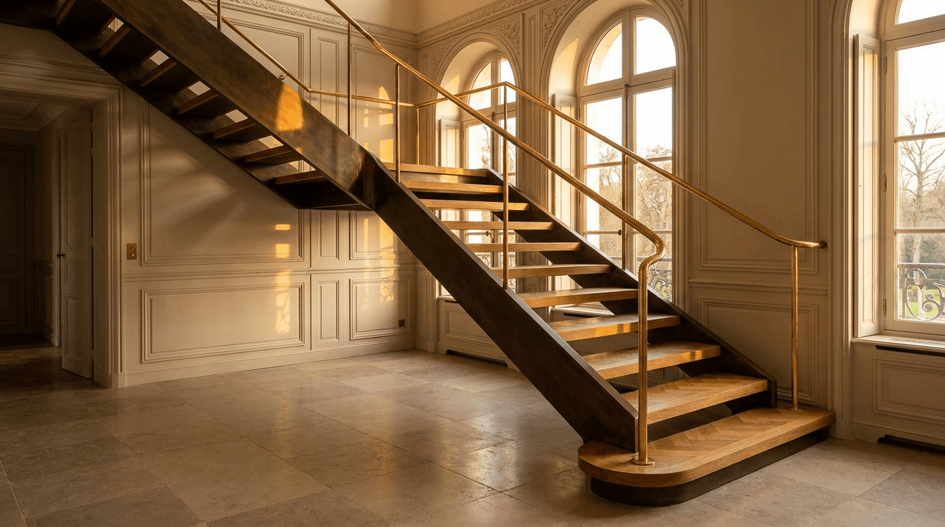 Escalier acier S235JR limon central patine bronze + marches chêne massif parquet versailles + main courante laiton — Maisons-Laffitte (Yvelines 78, mansion prestigieuse proche hippodrome) — AZ Construction Bruyères-sur-Oise — DTU 36.3