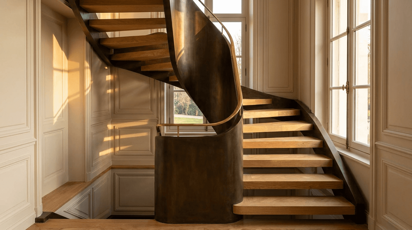 Escalier acier S235JR limon central patine bronze + marches chêne massif parquet versailles + main courante laiton — La Celle-Saint-Cloud (Yvelines 78, villa prestigieuse) — AZ Construction Bruyères-sur-Oise — DTU 36.3