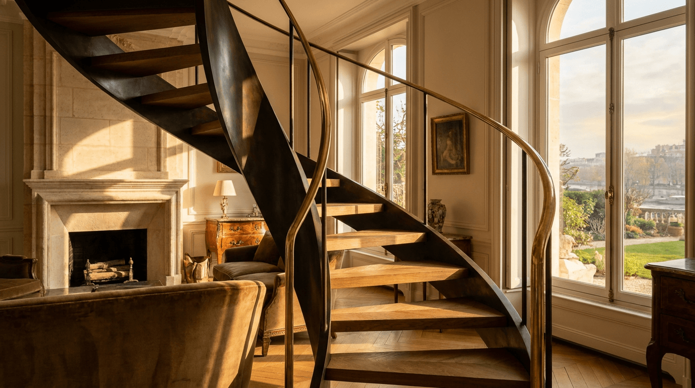 Escalier acier S235JR limon central patine bronze + marches chêne massif point de Hongrie + main courante laiton — Chatou (Yvelines 78, villa impressionniste Seine) — AZ Construction Bruyères-sur-Oise — DTU 36.3