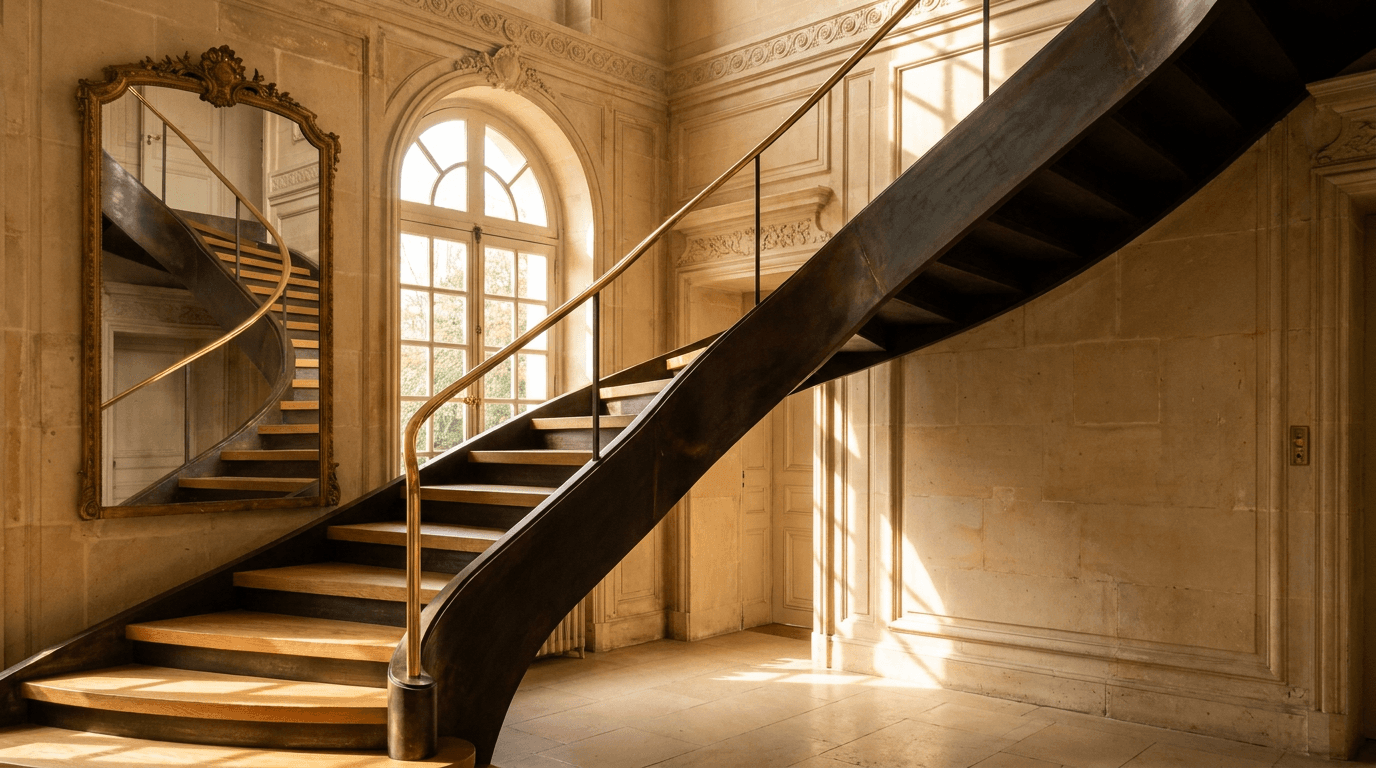 Escalier acier S235JR limon central patine bronze + marches chêne massif parquet versailles + main courante laiton — Le Chesnay-Rocquencourt (Yvelines 78, mansion proche Versailles) — AZ Construction Bruyères-sur-Oise — DTU 36.3