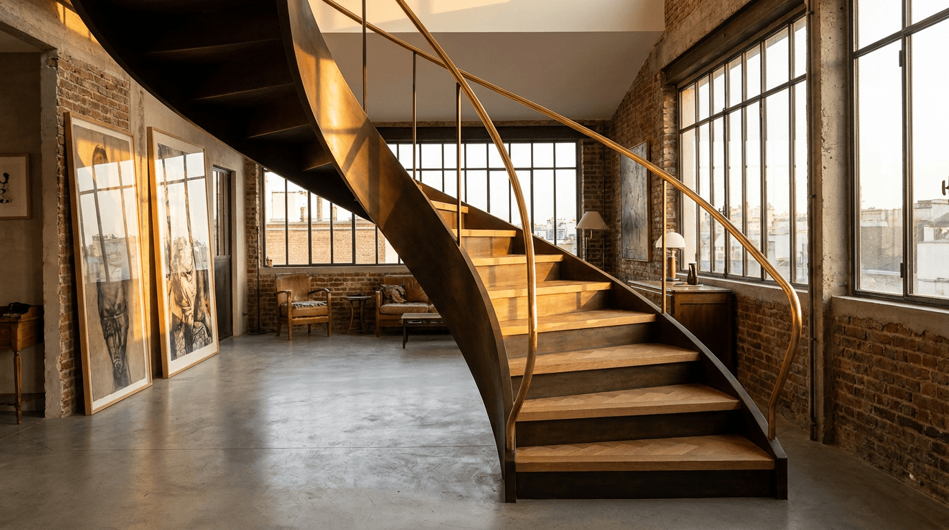 Escalier acier S235JR limon central patine bronze + marches chêne massif point de Hongrie + main courante laiton — Montreuil (Seine-Saint-Denis 93, loft artiste) — AZ Construction Bruyères-sur-Oise — DTU 36.3