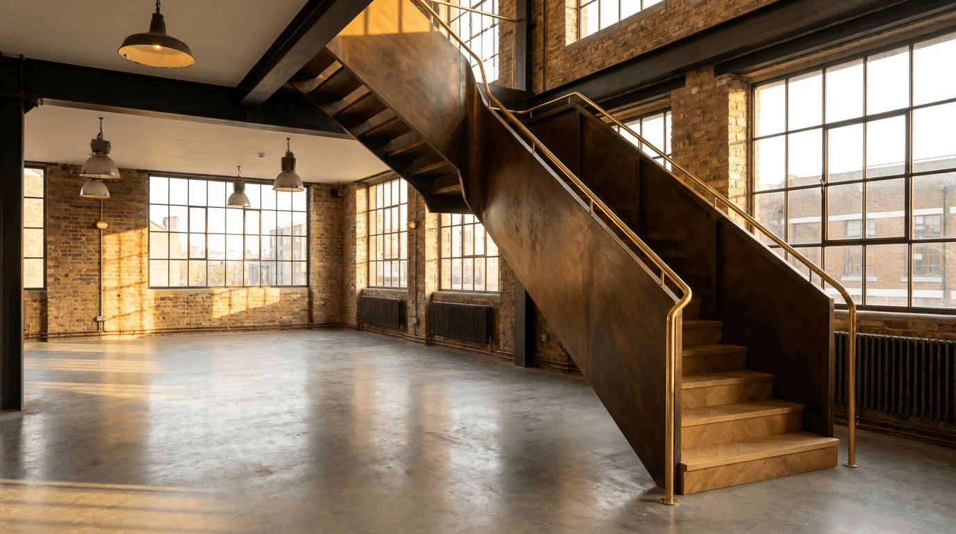 Escalier acier S235JR limon central patine bronze + marches chêne massif point de Hongrie + main courante laiton — Aubervilliers (Seine-Saint-Denis 93, atelier industriel loft) — AZ Construction Bruyères-sur-Oise — DTU 36.3