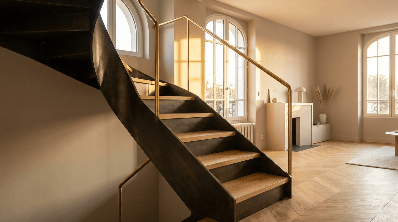 Escalier acier S235JR limon central patine bronze + marches chêne massif point de Hongrie + main courante laiton — Bondy (Seine-Saint-Denis 93, maison rénovée) — AZ Construction Bruyères-sur-Oise — DTU 36.3