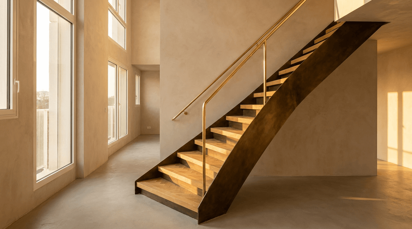 Escalier acier S235JR limon central patine bronze + marches chêne massif point de Hongrie + main courante laiton — Massy (Essonne 91, proche Plateau de Saclay) — AZ Construction Bruyères-sur-Oise — DTU 36.3