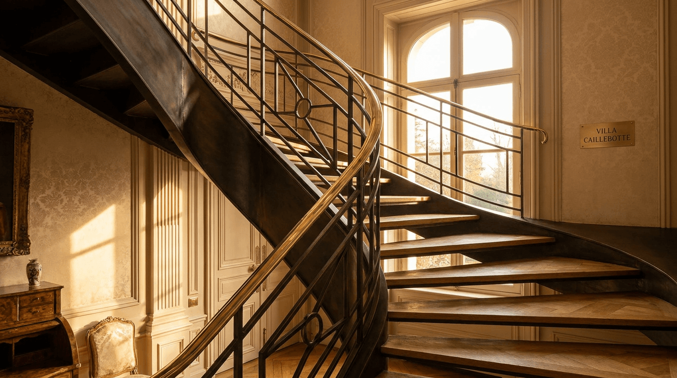Escalier acier S235JR limon central patine bronze + marches chêne massif parquet versailles + main courante laiton — Yerres (Essonne 91, villa Caillebotte impressionniste) — AZ Construction Bruyères-sur-Oise — DTU 36.3