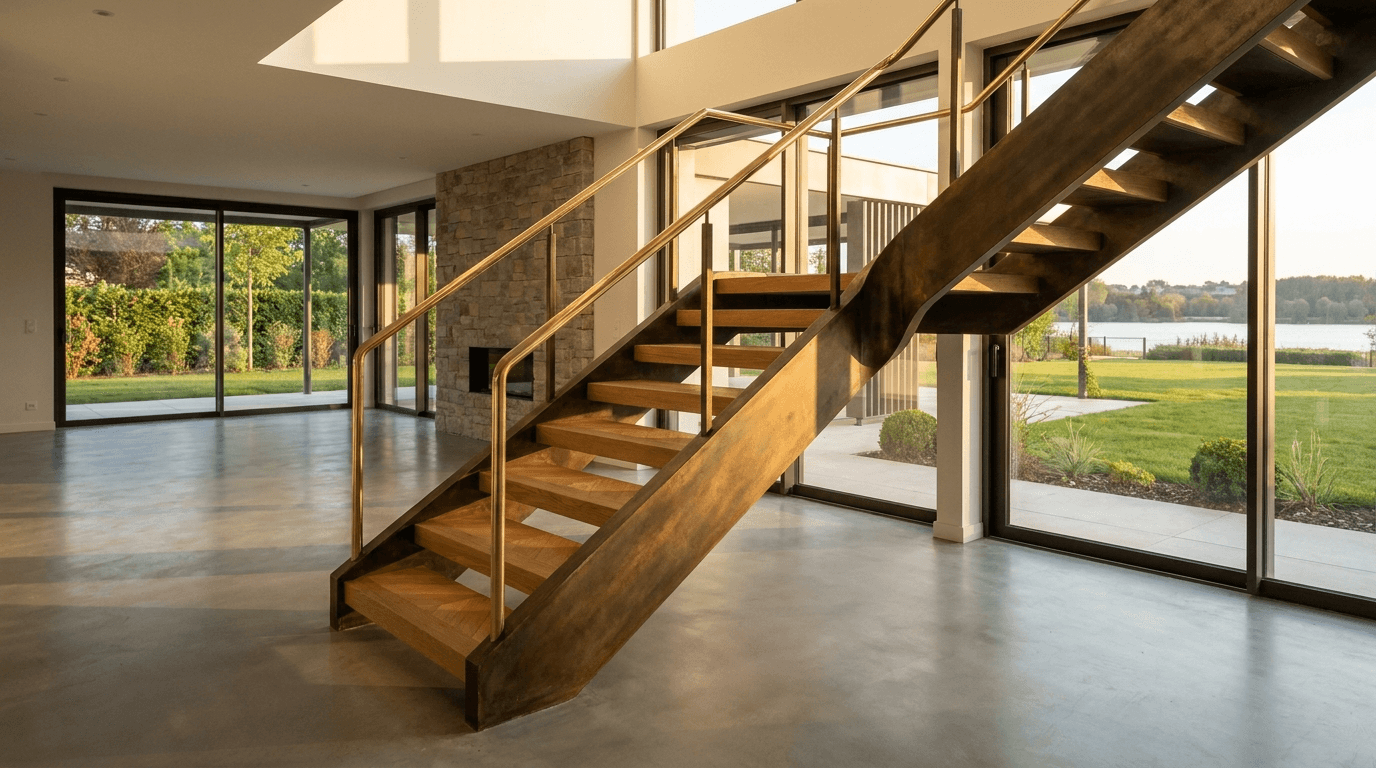 Escalier acier S235JR limon central patine bronze + marches chêne massif point de Hongrie + main courante laiton — Cergy (Val-d’Oise 95, villa proche Île de Loisirs) — AZ Construction Bruyères-sur-Oise — DTU 36.3